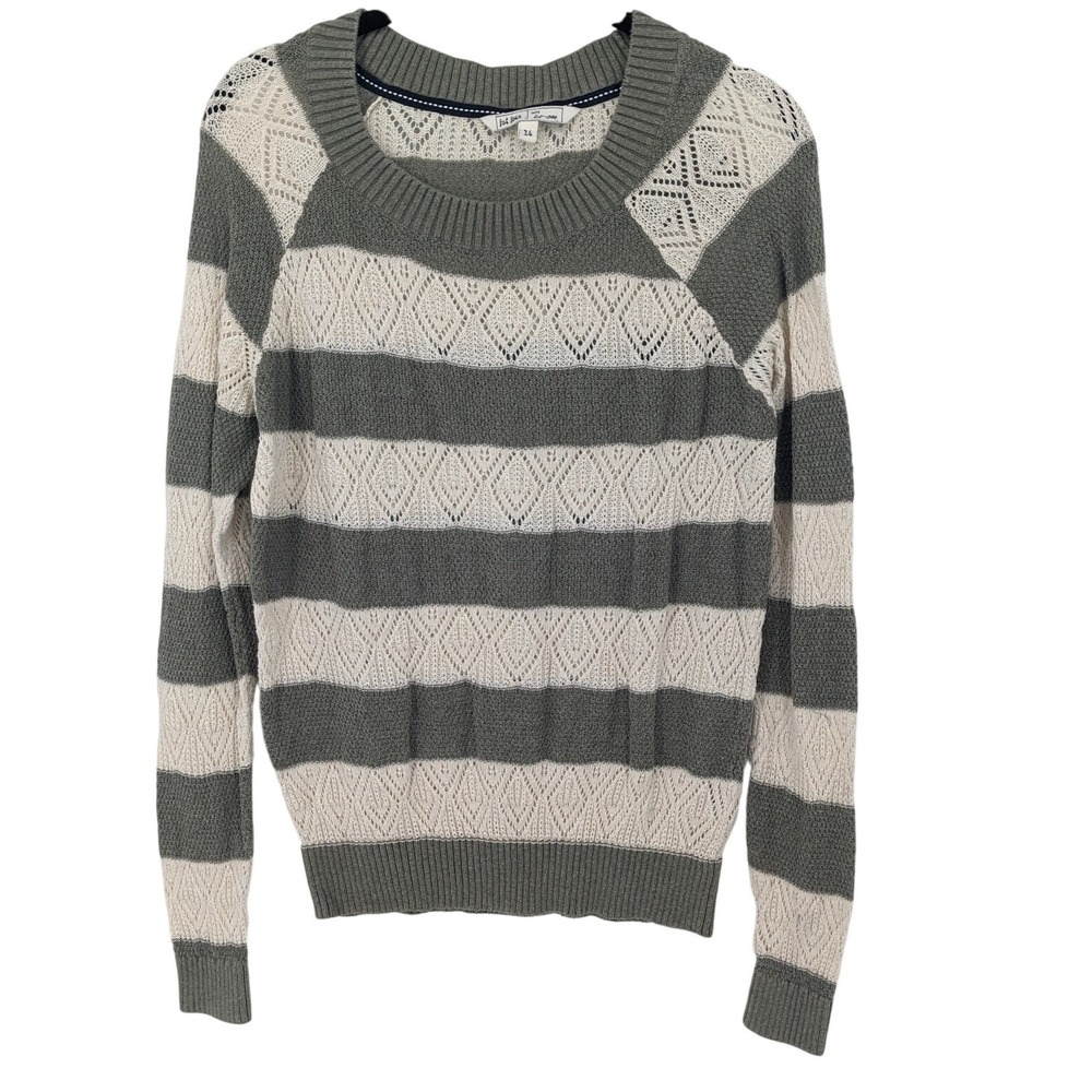 Fat Face Lace Knit Sweater Womens 14 Medium Green Stripe‎ Crew Neck Casual Sheer
